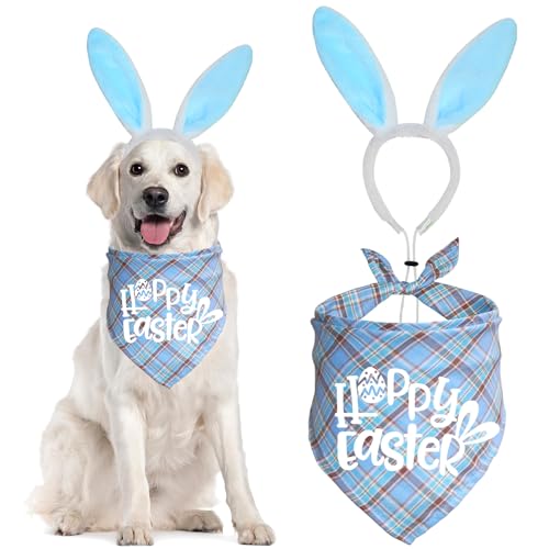 JOTFA Oster-Hunde-Halstuch, Hasen-Kostüm, Osterhasen-Hunde-Stirnband, Hunde-Oster-Outfits, Bandanas für kleine, mittelgroße und große Hunde (Hellblau "Happy Easter) von JOTFA