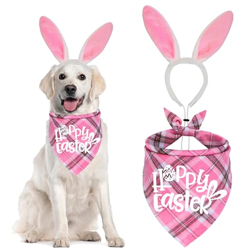 JOTFA Oster-Hunde-Halstuch, Hasen-Kostüm, Osterhasen-Hunde-Stirnband, Hunde-Oster-Outfits, Bandanas für kleine, mittelgroße und große Hunde (rosa Happy Easter) von JOTFA