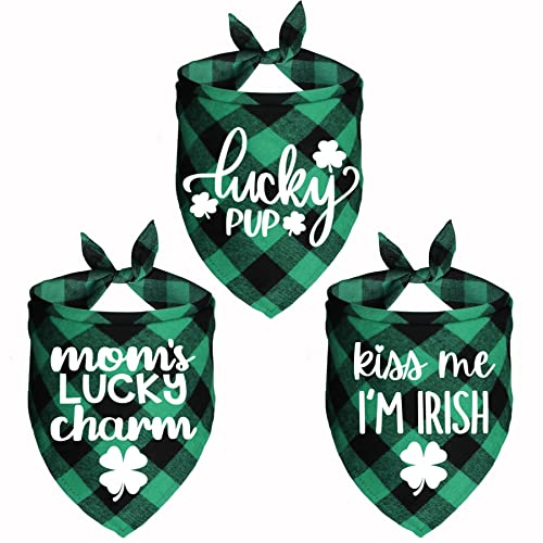 JOTFA St. Patrick's Day Hundehalstuch, kariert, St. Patrick's Day, Bandana, Schal für kleine, mittelgroße und große Hunde (Glückswelpe & Mom's Lucky Charm & Kiss Me I'm Irish) von JOTFA