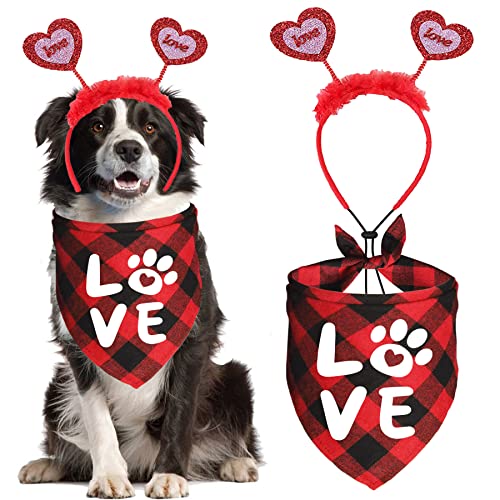 JOTFA Valentinstag Hundehalstuch Kostüme, Valentinstag Liebe Stirnband Buffalo Plaid Hund Valentinstag Bandanas für kleine, mittelgroße und große Hunde von JOTFA