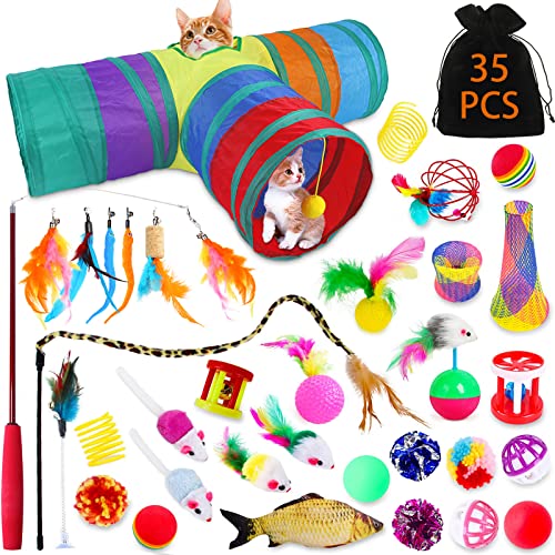 JOTOL 35pcs Katzenspielzeug Set mit Katzentunnel,Katzen Spielzeug,Enthält auch Bälle,Plüschspielzeug,Lustiger Katzenstock,Spielzeugmäuse Katzen Spielzeug Variety Pack für Kitty Katzen von JOTOL