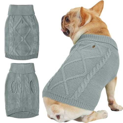 JOUHOI Rollkragen-Strickpullover für kleine Hunde, warme Strickwaren, Welpen, Winterkleidung mit Loch für die Leine, Haustierpullover, Strick-Outfits, Grau, Größe L von JOUHOI