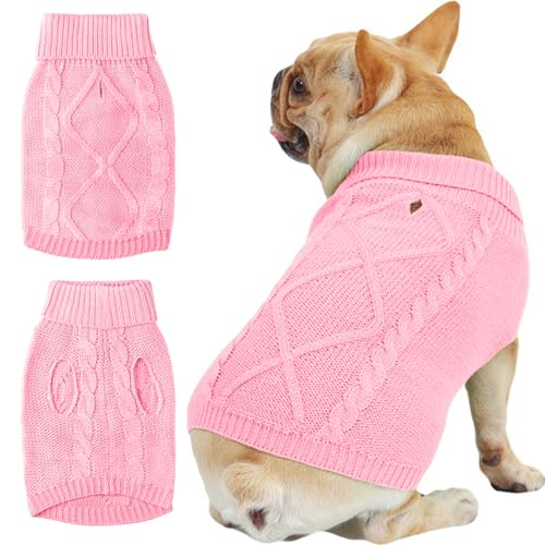 JOUHOI Rollkragen-Strickpullover für kleine Hunde, warme Strickwaren, Welpen, Winterkleidung mit Loch für die Leine, Haustierpullover, Strick-Outfits, Rosa, Größe L von JOUHOI