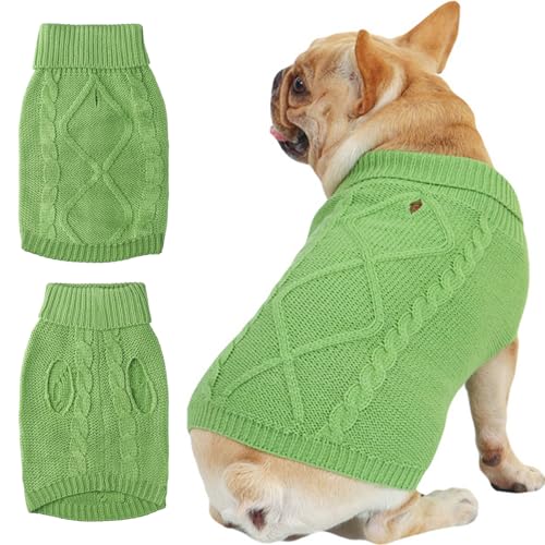 JOUHOI Rollkragen-Strickpullover für kleine Hunde, warme Strickwaren, Welpen, Winterkleidung mit Loch für die Leine, Haustierpullover, Strick-Outfits, grün, Größe L von JOUHOI