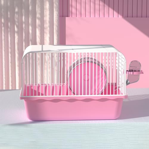 JOUSONTY Tragbarer Hamsterkäfig, 23,9 x 17,6 cm, Hamstertrage, Haustier-Reisetasche, Kleintierkäfig, mit Wasserflasche, Futternapf, kleines Rad, Rosa von JOUSONTY