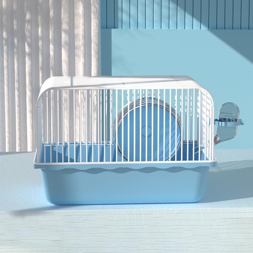 Kleine tragbare Hamsterkäfige, 23,9 x 17,6 cm, kleine tragbare Hamster-Tragetasche, Haustier-Reisetasche, Kleintier-Haustierkäfige, mit Wasserflasche, Futternapf, Rad, Blau von JOUSONTY