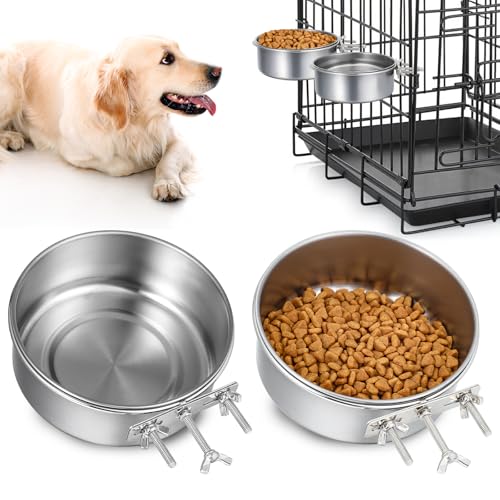 2 x Wassernapf für Hundekäfige, Edelstahl, zum Aufhängen, Käfig, Hundenäpfe mit Klemmhalter, auslaufsicher, Metall-Futterspender für Katzen, Hunde, Vögel (16,3 x 5,9 cm) von JOUTYFOR