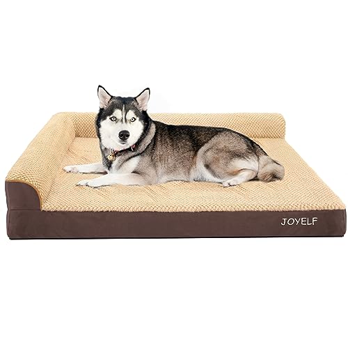 JOYELF Orthopädisches Hundebett für extra große Hunde, L-förmiges Schaumstoffsofa, wasserdichtes Nackenrollenbett mit abnehmbarem, waschbarem Bezug und rutschfestem Boden für Hunde - Khaki von JOYELF