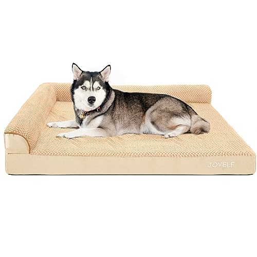 JOYELF Orthopädisches Hundebett für extra große Hunde, L-förmiges Schaumstoffsofa, wasserdichtes Nackenrollenbett mit abnehmbarem, waschbarem Bezug und rutschfestem Boden für Hunde - Khaki von JOYELF