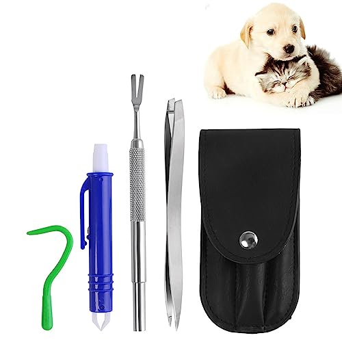 JOYOLA 5 In 1 Zeckenzange Set, Mit Etui Zeckenzange für Hunde Zeckenhaken Zeckenkarte, Komplettset Zum Entfernen Von Zecken für Katzen,Hunde, Pferde zu bedienende Zeckenzange von JOYOLA