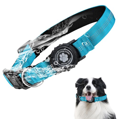 JOYPAWS Reflektierendes Airtag-Hundehalsband mit wasserdichtem Apple-AirTag-Halter für kleine, mittelgroße und große Hunde, Verschlussschnalle, Havey-Duty-Nylon-Hundehalsbänder, Blau, L von JOYPAWS