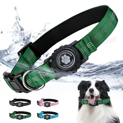 JOYPAWS Reflektierendes Airtag-Hundehalsband mit wasserdichtem Apple-AirTag-Halter für kleine, mittelgroße und große Hunde, Verschlussschnalle, Havey-Duty-Nylon-Hundehalsbänder, Grün, M von JOYPAWS