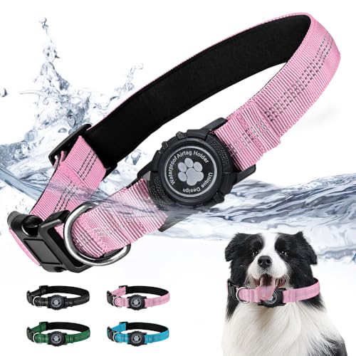 JOYPAWS Wasserdichtes Apple AirTag Hundehalsband, kleine Rassen, reflektierend, Airtag-Halter, Verriegelungsschnalle, Havey-Duty-Nylon-Hundehalsband, Rosa, S von JOYPAWS