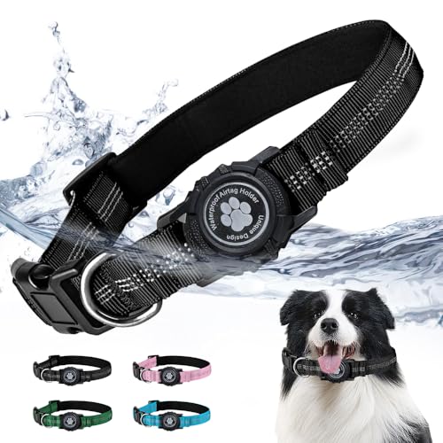 JOYPAWS Reflektierendes Airtag-Hundehalsband mit wasserdichter Apple-AirTag-Halterung für kleine, mittelgroße und große Hunde, Verschlussschnalle, Havey-Duty-Nylon-Hundehalsbänder, Schwarz, Größe M von JOYPAWS