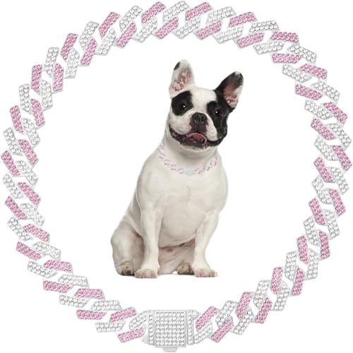 Rosa Hundehalsband, kubanisches Gliederhalsband, Halskette, Strass, Diamant, Katzenkette, Mädchen, weiblich, Welpenhalsband für kleine, mittelgroße und große Haustiere, 61 cm von JPOJPO