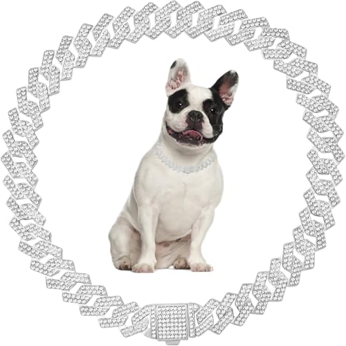 Silberfarbenes Hundehalsband, kubanische Glieder-Halskette, Strass-Diamant-Katzenkette, Mädchen, weiblich, Welpenhalsband für kleine, mittelgroße und große Haustiere, 25,4 cm von JPOJPO