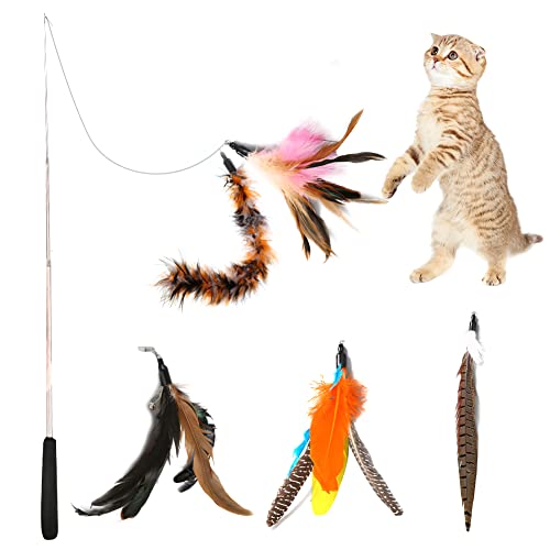 Katzenstäbchen-Set, interaktives Spielzeug Fischart Holzstab mit Glocke, Funny Cat Stick Cat Feather spielen Spielzeug, 1 Zauberstab und 5 austauschbare Spielzeuge von JPSDOWS