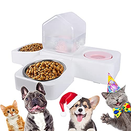 JQTOP 3 in 1 Weihnachten Multi Cat Feeder, 3 Schalen Katzenfutterstation Automatisch für 2 Katzen, Edelstahl Trockenfutter 2 Schalen mit Automatischem Wasserspender, Rosa, Weiß von JQTOP