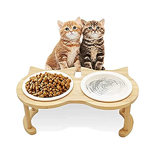 JQTOP Erhöhter Katzennapf-Set aus Keramik, für Innen- und Katzen, Futter- und Wassernäpfe, Holzständer, modern, niedlich, gewichtet, kein Verschütten, langlebig und leicht zu reinigen für kleine Haustiere von JQTOP