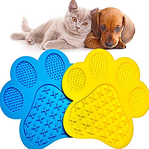 JQTOP Futtermatte für Hunde & Katzen, 2er-Pack, Slow Treater Lick Pad mit Saugnäpfen für Haustierdusche, beruhigender Erdnussbutterspender, Leckmatte zur Angstlinderung (Blau & Gelb) von JQTOP