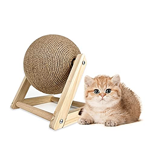 JQTOP Katzenkratzer Katzen Kratzspielzeug mit Drehbarer Ball, Natürlicher Sisal Katzenkratzball, Interaktiver Kratzball mit Holzständer, Katzenkratzspielzeug für Kätzchen und kleine Katzen von JQTOP