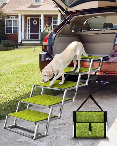 JR JUMIAR Faltbare Hunderampe für große Hunde, 5 Stufen, tragbare große Hundetreppe für Auto, LKW, SUV, Hochbett, Aluminium-Hundetreppe mit Gras gepolstert, Outdoor-Hunderampe für Hunde, max. bis zu von JR JUMIAR