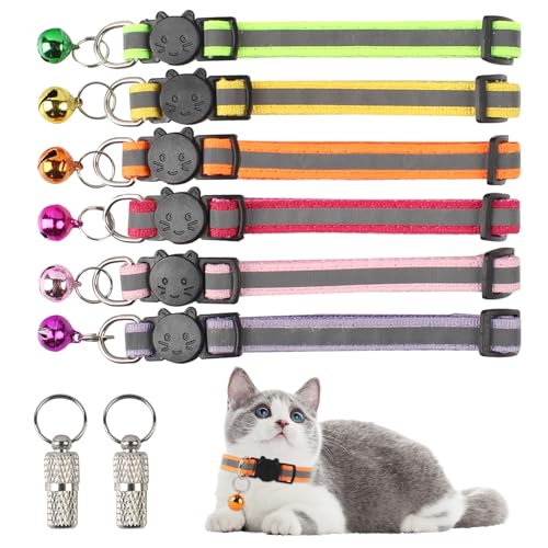 6 Reflektierend Katze Halsband, Verstellbar Kitten Halsband, Katzen Halsbänder mit Glöckchen, Sicherheitshalsband Katsze mit Namen Adresse, Katzenhalsband Selbstöffnend, Halsband Katze für Außen Innen von JRJRN