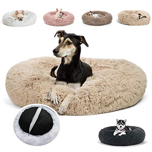 JRUI Deluxe-Haustierbett, Waschbar Hundebett, Rundes Plüsch Hundekissen, Katzenbett Katzenkissen Donut Hundekörbchen für Kleine/Mittelgroße/Große Hunde und Katzen 50-120c, Beige von JRUI