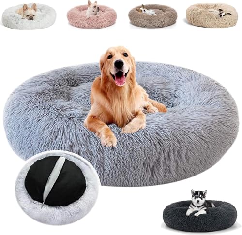 JRUI Hundebett Flauschig für Große Hunde, Rund Plüsch Hundekissen Katzenbett Flauschig Waschbar, Hundesofa Hundekörbchen für Mittelgroße Hunde - Hellgrau 120x120x20cm von JRUI