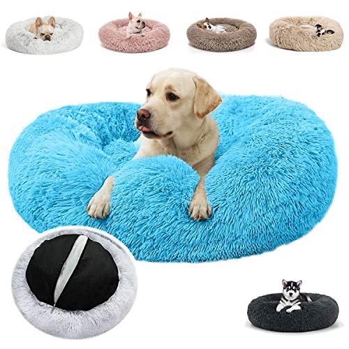 JRUI Hundebett für Mittlere Hunde, Waschbar Katzenbett Hundekissen, Rund Plüsch Hundesofa Hundekörbchen Katzenkissen Flauschig- Blau Ø 70 cm von JRUI