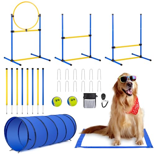 Agility-Kurs-Hinterhof-Set, Agility-Ausrüstung, Hunde-Hinderniskurs, Hinterhof mit 2 Agility-Hürden, Sprungring, 8 gewebte Stangen, Tunnel, Pausenbox, Spielzeugbälle und 2 tragbare Tragetaschen von JRUICFDY