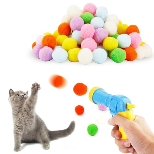 JRYGAC Katzenspielzeug 100 Bälle, Kätzchen Pompon Spielzeug Bälle, Katzenspielzeug Bälle mit Katzenspielzeug-Werfer, Filzbälle Katzen Spielzeug Set, GeräUschloser Cat Toys, für den Umgang mit Katzen von JRYGAC