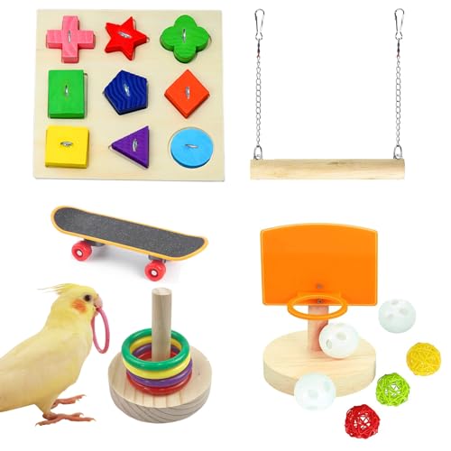 JSLZF Vogeltraining Spielzeug, Vogel Basketball Spielzeug, Papagei Holzblock Puzzles Spielzeug, Papagei Skateboard, Vogel Stapelspielzeug für Papagei Wellensittich Nymphensittich Finken von JSLZF