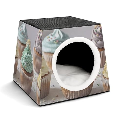 Capsule Pet Waterloo Cupcake Bedrucktes faltbares Hundehaus Katzenhöhle, weiches Kätzchenbett, warmes Kaninchennest, Chinchillas Versteck für kleine und mittelgroße Tiere von JTKLQBN