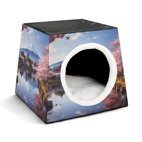 Capsule Pet Waterloo Mount Fuji-Kirschblütenbäume, bedruckt, faltbar, Hundehaus, Katzenhöhle, weiches Kätzchenbett, warmes Kaninchennest, Chinchillas, Versteck für kleine und mittelgroße Tiere von JTKLQBN