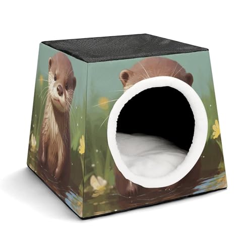 Capsule Pet Waterloo niedlicher Otter bedrucktes faltbares Hundehaus Katzenhöhle, weiches Kätzchenbett, warmes Kaninchennest, Chinchillas, Versteck für kleine und mittelgroße Tiere von JTKLQBN