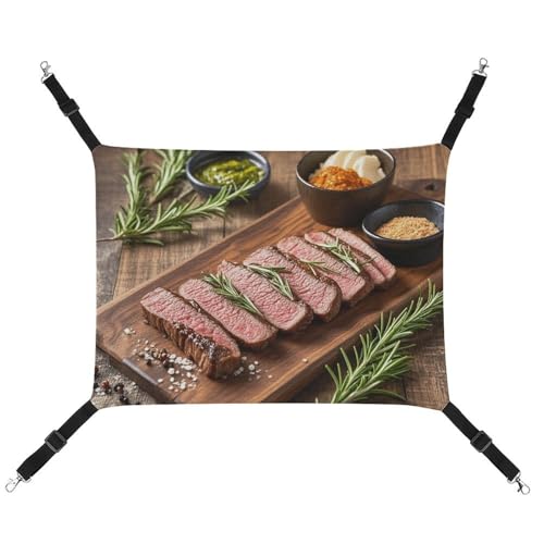 JTKLQBN Hängematte, Rosmarin, Steak, bedruckt, weiche Haustiermatte mit verstellbaren Riemen, atmungsaktive Hängematte für Katzen, Frettchen, kleine Hunde, Kaninchen, 42 x 33 cm von JTKLQBN