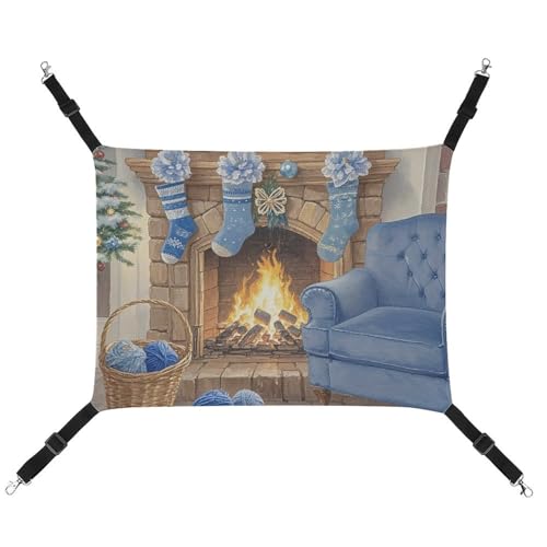 JTKLQBN Hängende Haustier-Hängematte, 42 x 33 cm, Blau, Weihnachtsdruck, Bett, weiche Haustiermatte mit verstellbaren Riemen, atmungsaktive Hängematte für Katzen, Frettchen, kleine Hunde, Kaninchen von JTKLQBN