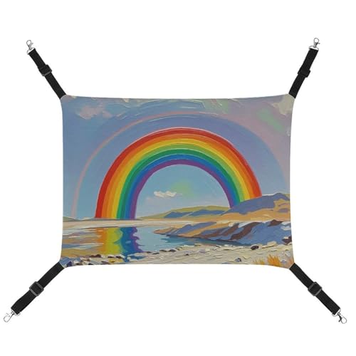 JTKLQBN Hängende Haustier-Hängematte, 42 x 33 cm, rosa Regenbogen-Druck, weiche Haustiermatte mit verstellbaren Riemen, atmungsaktive Hängematte für Katzen, Frettchen, kleine Hunde, Kaninchen von JTKLQBN