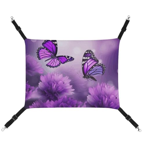 JTKLQBN Hängende Haustier-Hängematte, 42 x 33 cm, violette Blume, Schmetterlinge, bedrucktes Bett, weiche Haustiermatte mit verstellbaren Riemen, atmungsaktive Hängematte für Katzen, Frettchen, kleine von JTKLQBN