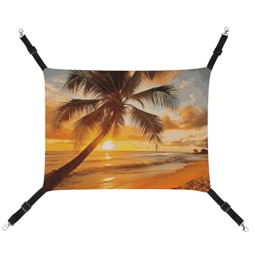 JTKLQBN Hängende Haustier-Hängematte, tropischer Strand, Palme, Sonnenuntergang, bedrucktes Bett, weiche Haustiermatte mit verstellbaren Riemen, atmungsaktive Hängematte für Katzen, Frettchen, kleine von JTKLQBN