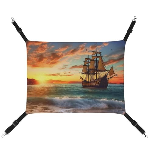 JTREHY Haustier-Hängematte, Piratenschiff im Sonnenuntergang, bedruckt, verstellbar, hängendes Katzenbett für Katzen, kleine Hunde, Kaninchen oder andere Kleintiere, mit Metallhaken von JTREHY