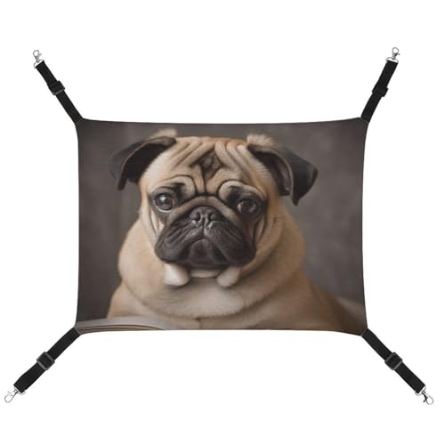 JTREHY Haustier-Hängematte, Tier-Mops-Druck, verstellbar, hängendes Katzenbett für Katzen, kleine Hunde, Kaninchen oder andere Kleintiere mit Metallhaken von JTREHY