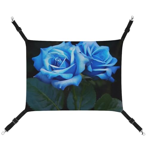 JTREHY Haustier-Hängematte, blaue Rosen-Blumen, bedruckt, verstellbar, hängendes Katzenbett für Katzen, kleine Hunde, Kaninchen oder andere Kleintiere, mit Metallhaken von JTREHY