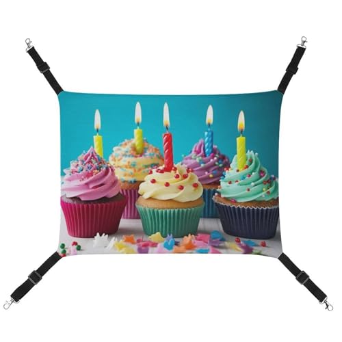 JTREHY Haustier-Hängematte, buntes Happy Birthday Cupcakes bedruckt, verstellbar, hängendes Katzenbett für Katzen, kleine Hunde, Kaninchen oder andere Kleintiere mit Metallhaken von JTREHY