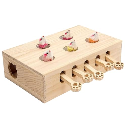 JUCHRZEY Katzen Whack A Mole Spiel Whack A Mole Katzenspielzeug, 3/5-Löcher, Massivholz-Katzenspielzeug, interaktive Jagdspielzeugkiste aus Holz for Katzen, Kätzchen von JUCHRZEY