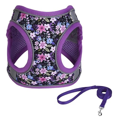 JUFOO S Hundegeschirr und Leine, Set mit violettem Blumenmuster, kein Entkommen, leichtes Gehen, Welpengeschirr für Training, Spazierengehen, atmungsaktiv, verstellbare Welpenweste für kleine, von JUFOO