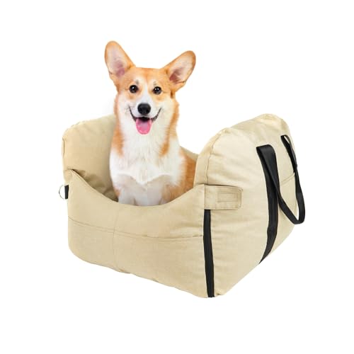 Hundesitz Auto Kleine Hunde, Wasserdichter und waschbarer Hundesitz Auto Rückbank, Hunde Autositz Für Kleine Hundemit Aufbewahrungstaschen, Ansteckbare Leine Für Autositz Hund (Beige, Standard) von JUMBENA