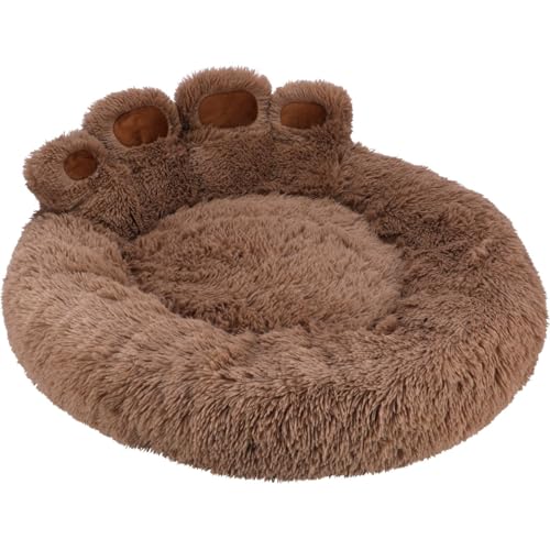 JUMI Rundes Haustierbett Braun mit Pfotenmotiv 60x60 cm – Kuschelbett, Schlafplatz für Katzen und Hunde von JUMI