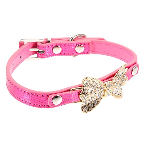 JUMPLAWN Strassverziertes Verstellbares Hundehalsband Für Kleine Und Mittlere Hunde Elegantes PU Halsband Mit Schleifenmotiv Rosarot von JUMPLAWN